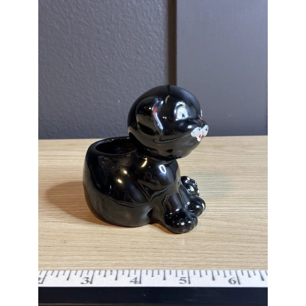 Vtg Redware Black Cat Figurine Candle Holder Kitschy Japan MCM Big Eye Halloween